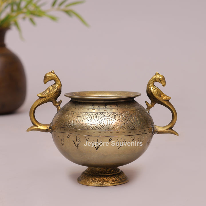 Handcrafted Brass Planter Pot with Peacock Handles
