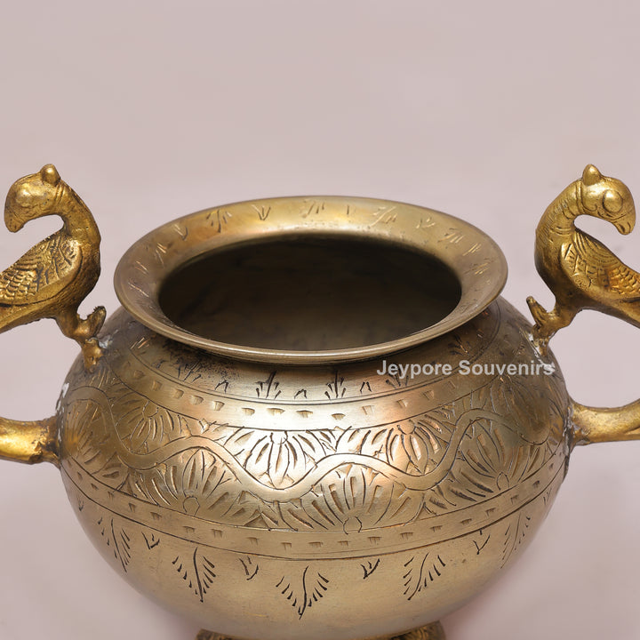 Handcrafted Brass Planter Pot with Peacock Handles