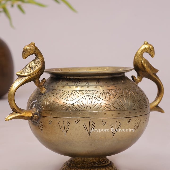 Handcrafted Brass Planter Pot with Peacock Handles