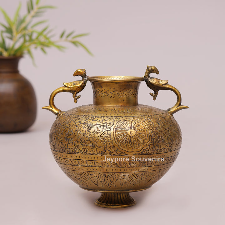 Vintage Handcrafted Brass Planter With Peacock Handles