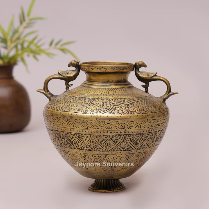 Vintage Brass Peacock Planter Pot with Intricate Engraving
