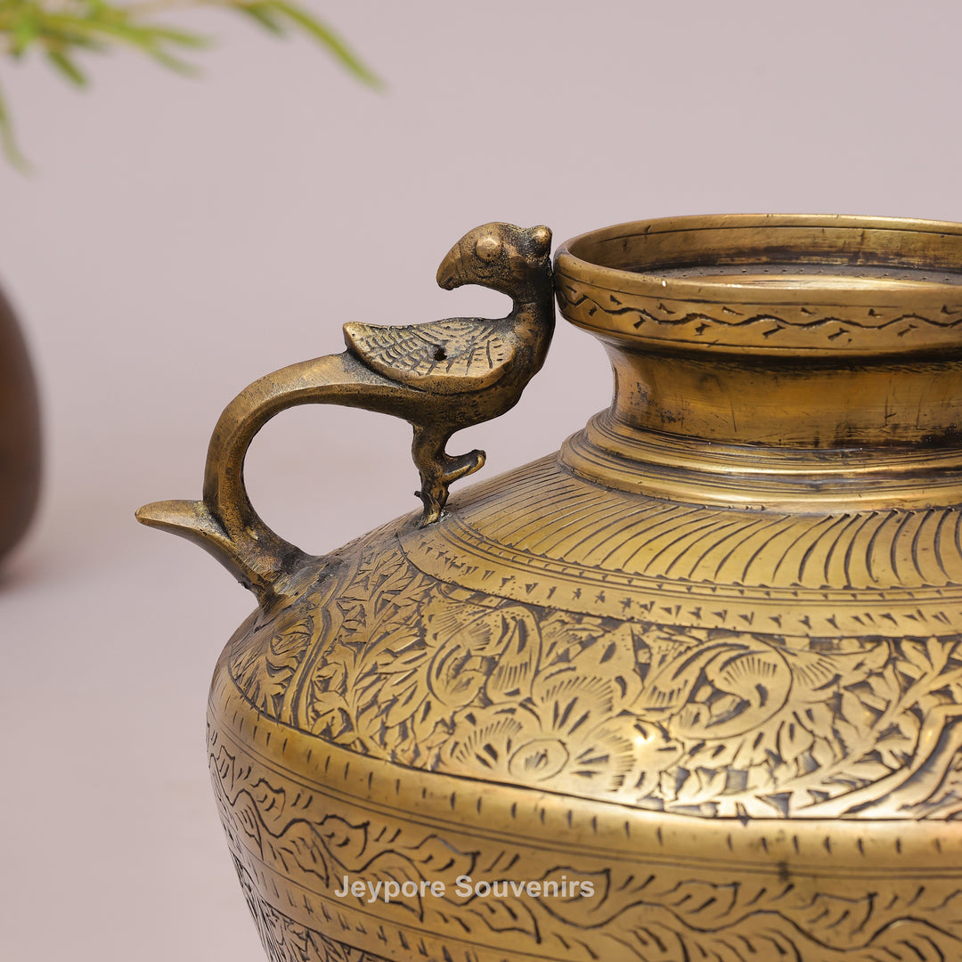 Vintage Brass Peacock Planter Pot with Intricate Engraving