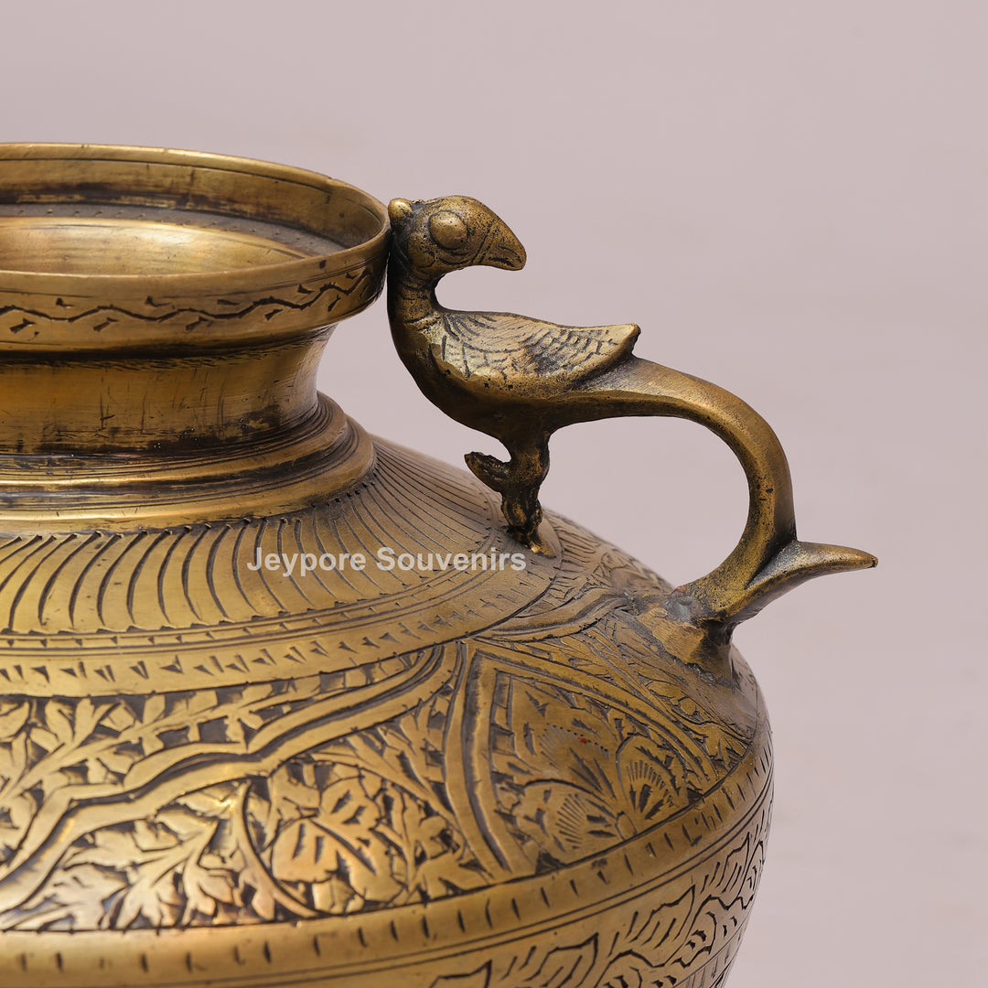 Vintage Brass Peacock Planter Pot with Intricate Engraving