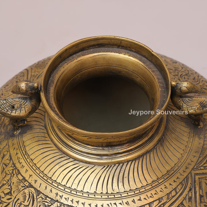 Vintage Brass Peacock Planter Pot with Intricate Engraving
