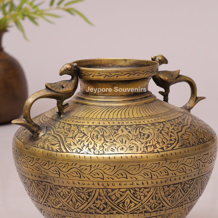 Vintage Brass Peacock Planter Pot with Intricate Engraving