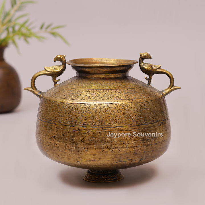 Handcrafted Vintage Brass Planter with Peacock Handles