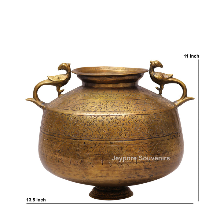 Handcrafted Vintage Brass Planter with Peacock Handles