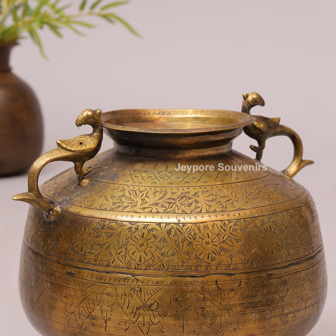 Handcrafted Vintage Brass Planter with Peacock Handles