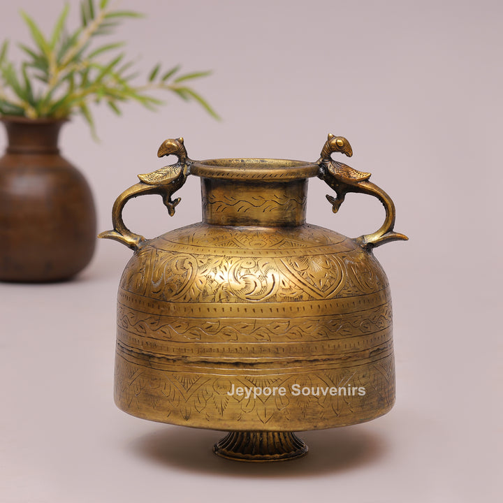 Handcrafted Vintage Brass Peacock Handle Planter with Intricate Engraving