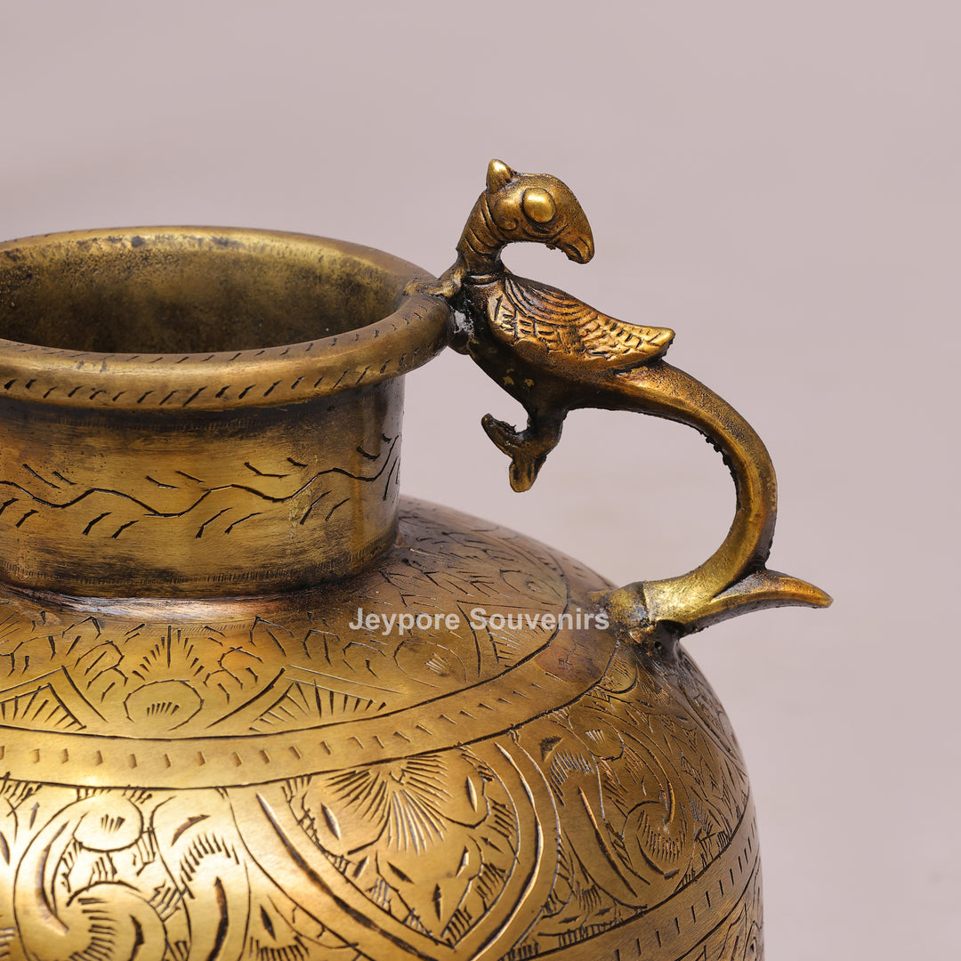 Handcrafted Vintage Brass Peacock Handle Planter with Intricate Engraving