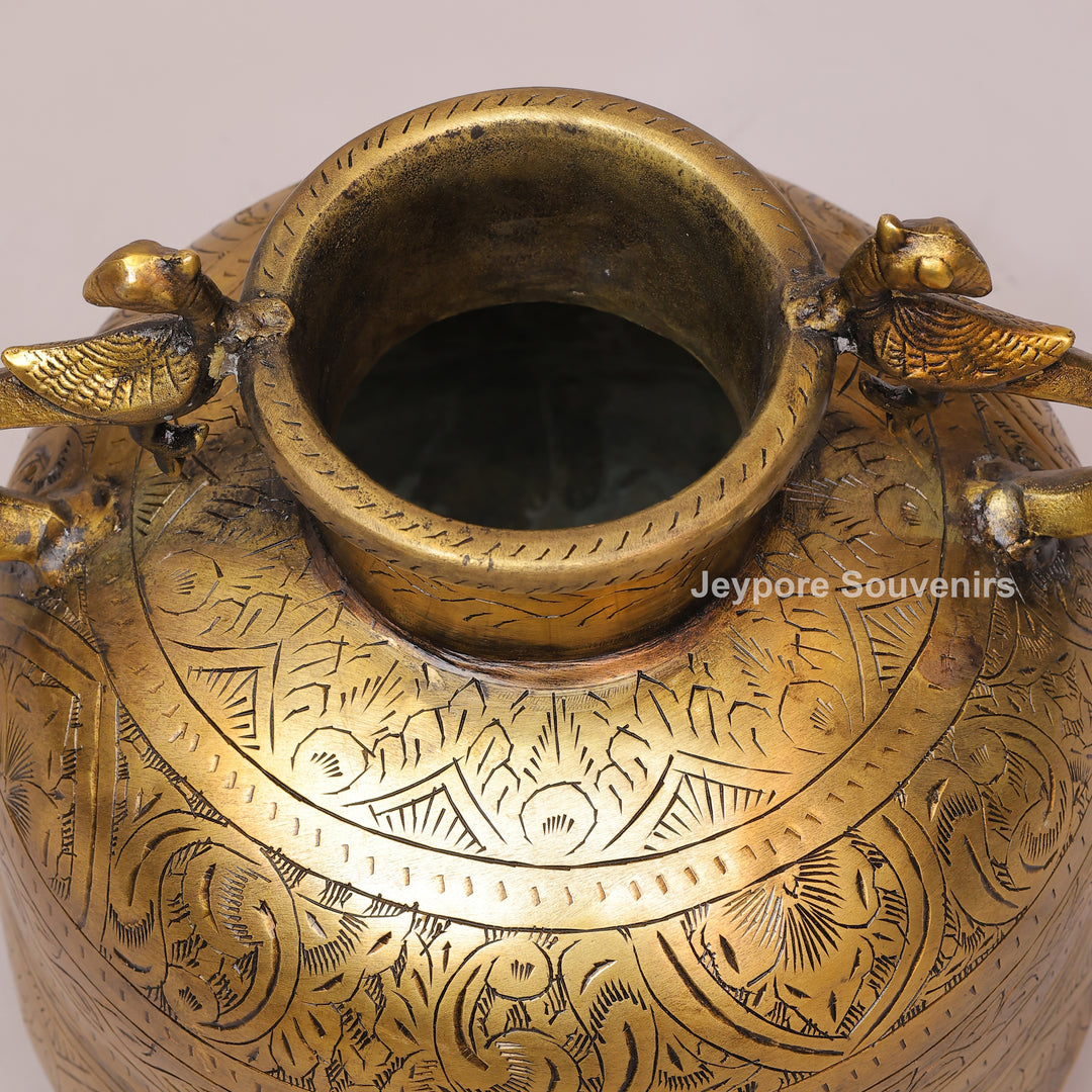 Handcrafted Vintage Brass Peacock Handle Planter with Intricate Engraving