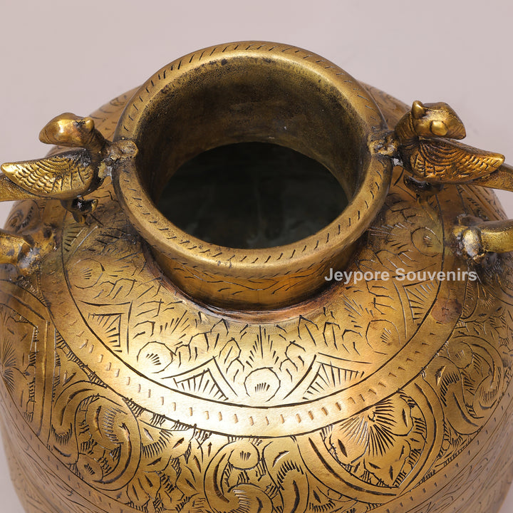 Handcrafted Vintage Brass Peacock Handle Planter with Intricate Engraving
