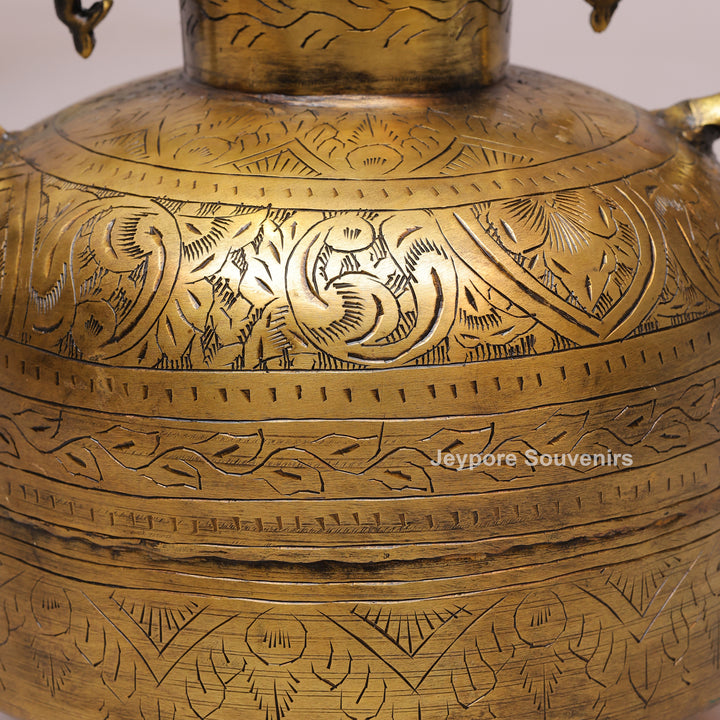 Handcrafted Vintage Brass Peacock Handle Planter with Intricate Engraving