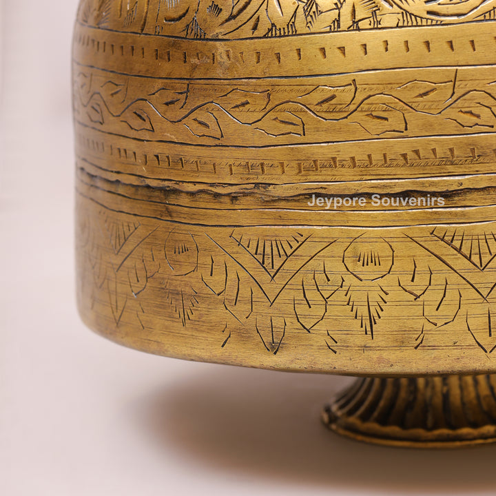 Handcrafted Vintage Brass Peacock Handle Planter with Intricate Engraving