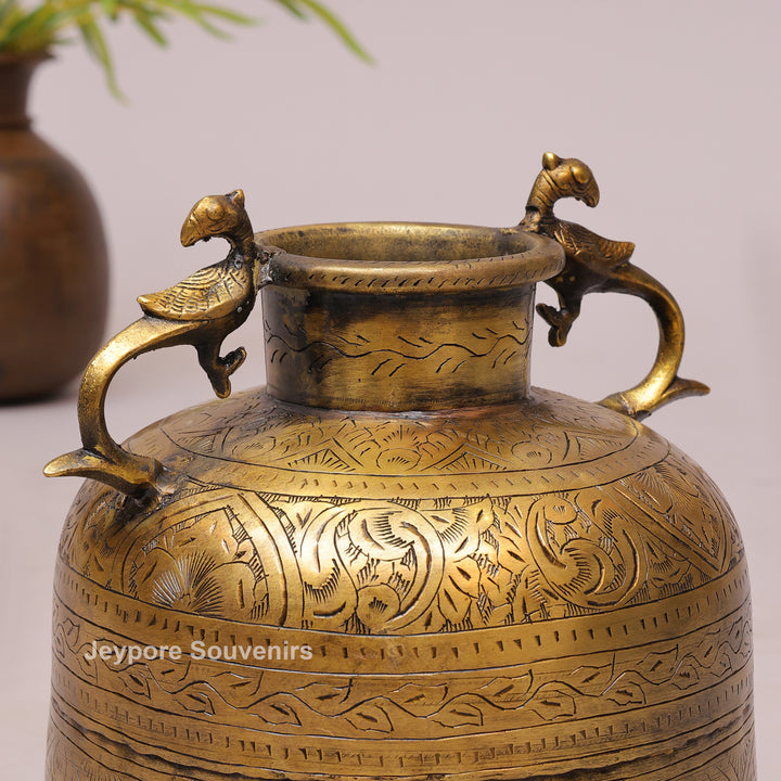 Handcrafted Vintage Brass Peacock Handle Planter with Intricate Engraving