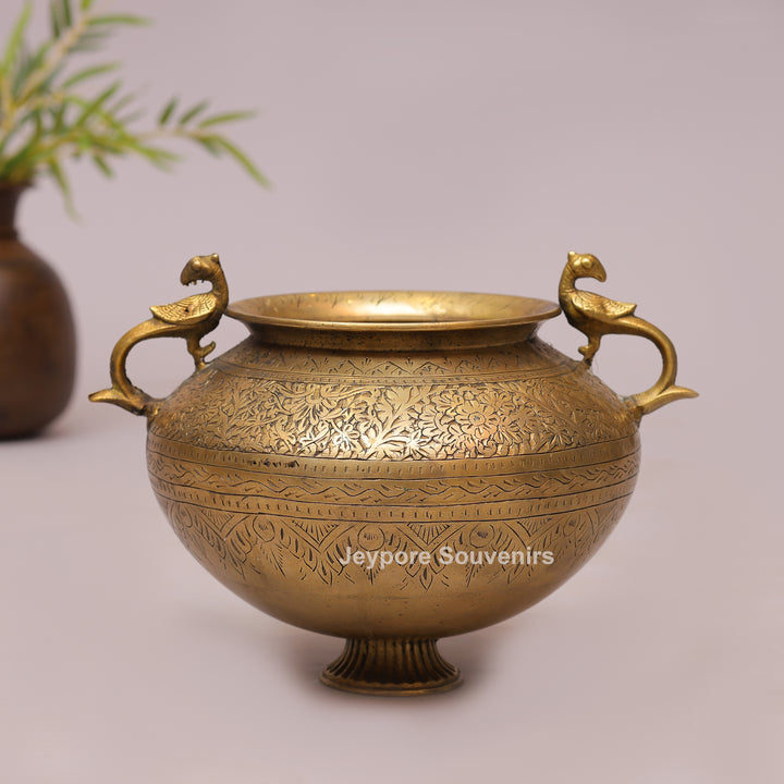 Handcrafted Brass Peacock Handle Planter Pot with Intricate Engraving