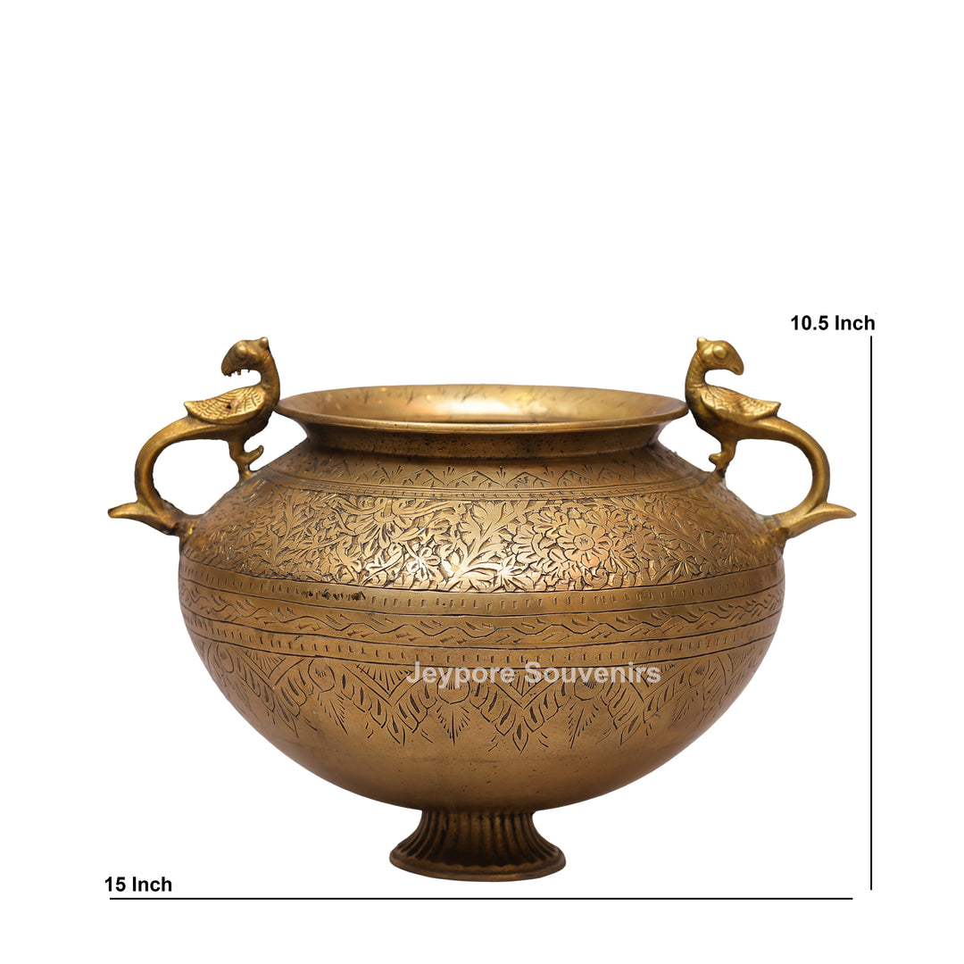 Handcrafted Brass Peacock Handle Planter Pot with Intricate Engraving