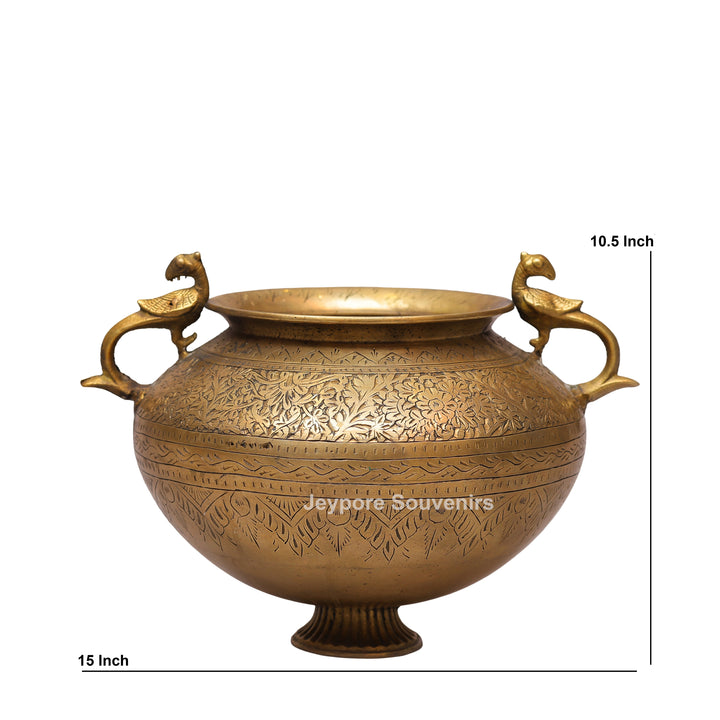 Handcrafted Brass Peacock Handle Planter Pot with Intricate Engraving