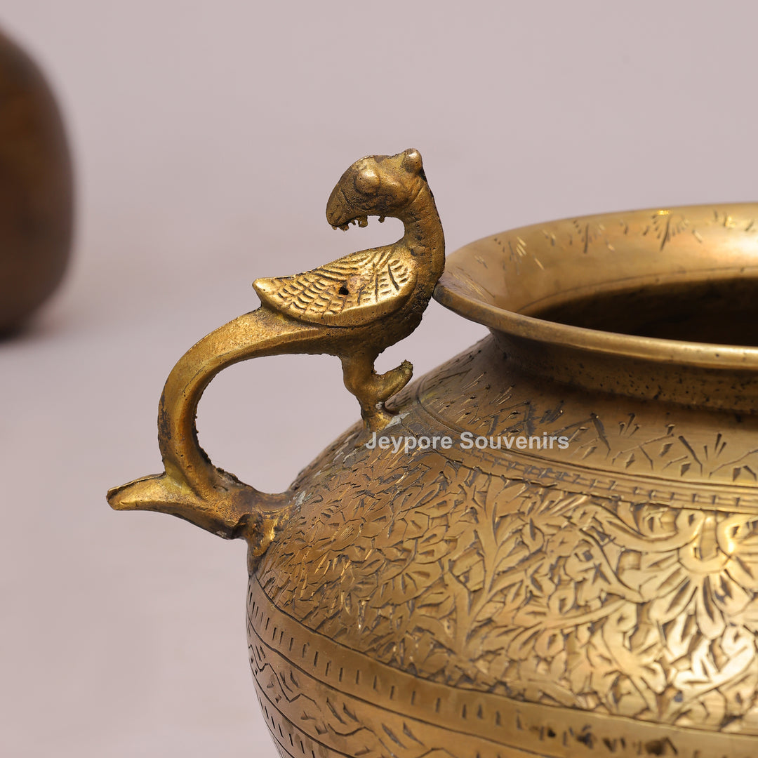 Handcrafted Brass Peacock Handle Planter Pot with Intricate Engraving