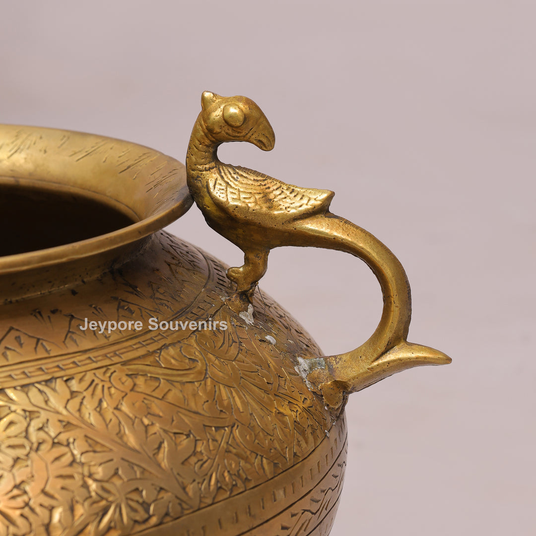 Handcrafted Brass Peacock Handle Planter Pot with Intricate Engraving