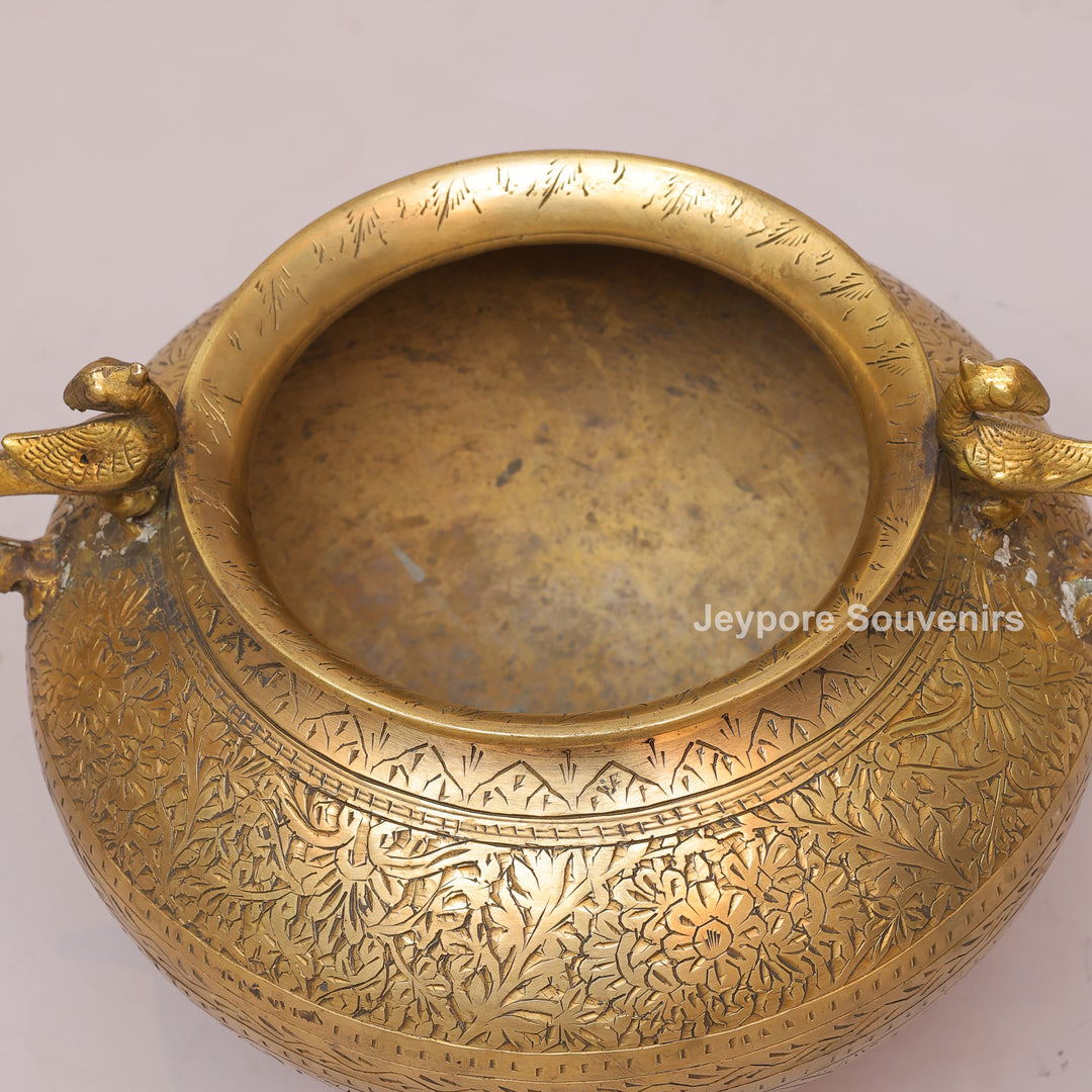 Handcrafted Brass Peacock Handle Planter Pot with Intricate Engraving