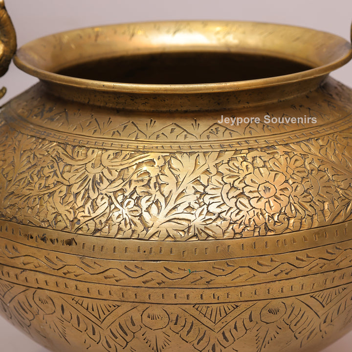 Handcrafted Brass Peacock Handle Planter Pot with Intricate Engraving