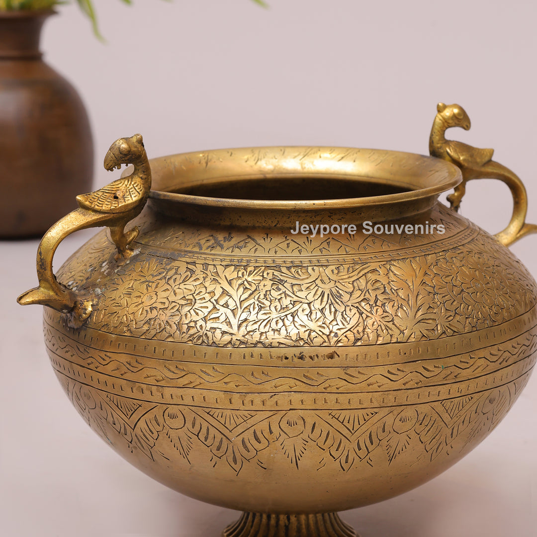 Handcrafted Brass Peacock Handle Planter Pot with Intricate Engraving