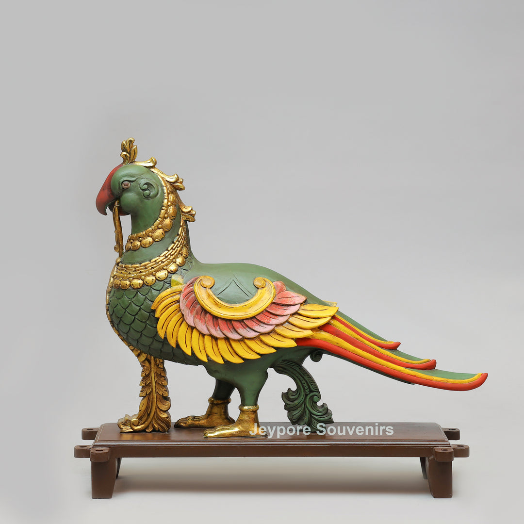 Handcrafted Wooden AnnaPakshi Parrot Vahan Statue on Decorative Chowki