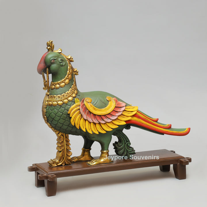 Handcrafted Wooden AnnaPakshi Parrot Vahan Statue on Decorative Chowki