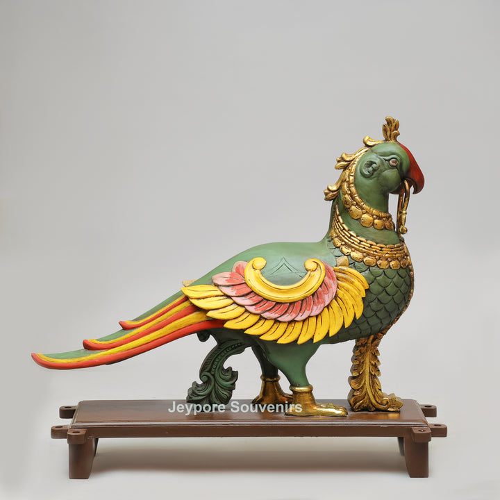 Handcrafted Wooden AnnaPakshi Parrot Vahan Statue on Decorative Chowki