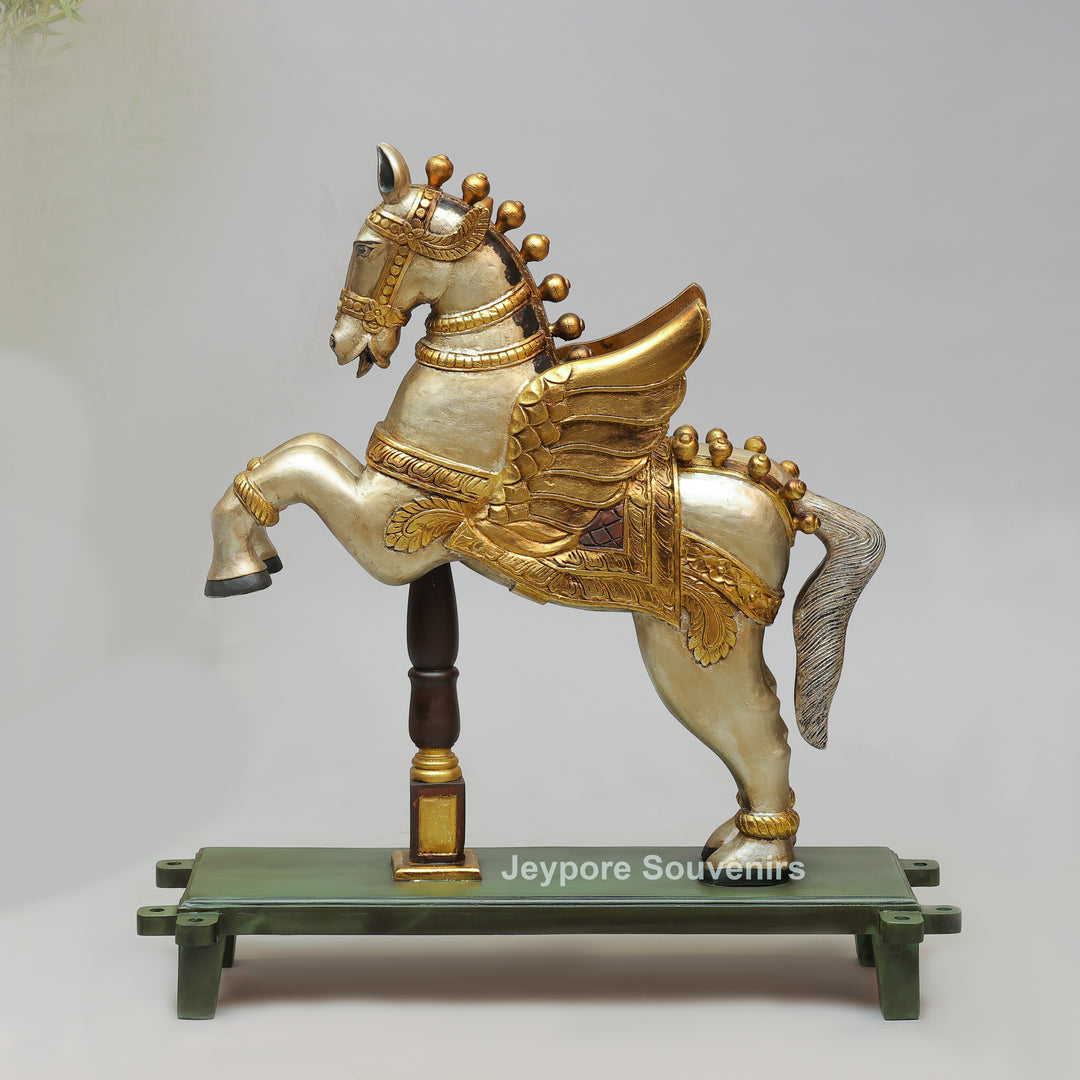 Handcrafted Wooden Flying Horse (Pegasus) Statue with Decorative Base