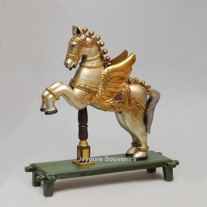 Handcrafted Wooden Flying Horse (Pegasus) Statue with Decorative Base