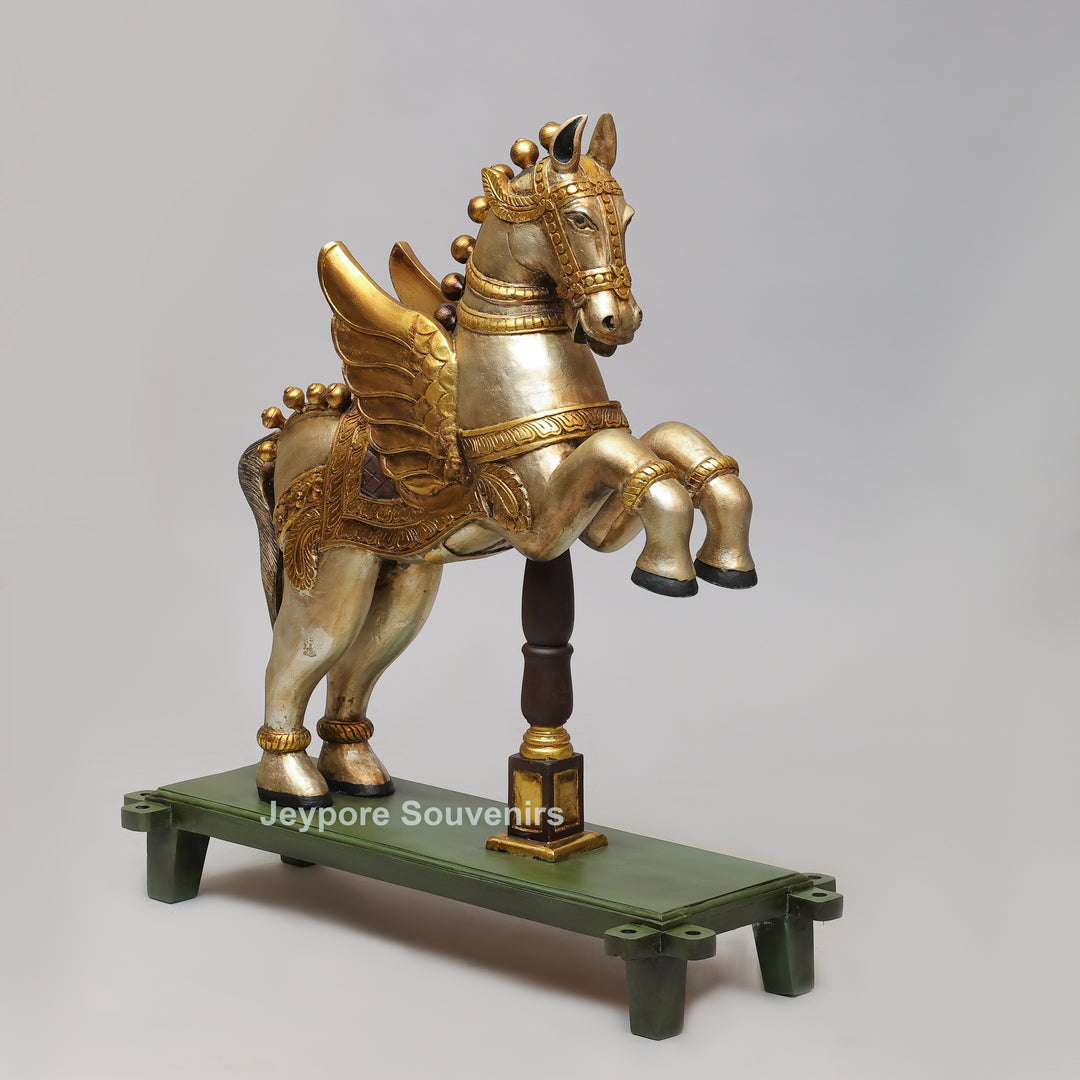 Handcrafted Wooden Flying Horse (Pegasus) Statue with Decorative Base