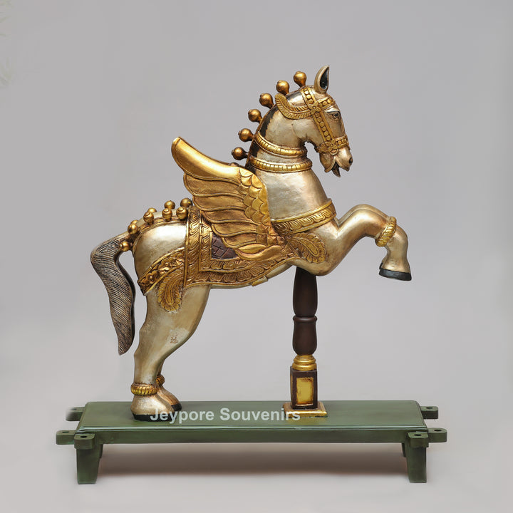 Handcrafted Wooden Flying Horse (Pegasus) Statue with Decorative Base