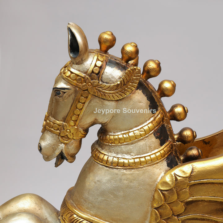 Handcrafted Wooden Flying Horse (Pegasus) Statue with Decorative Base