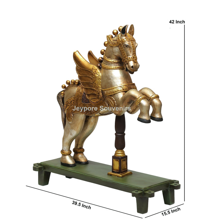 Handcrafted Wooden Flying Horse (Pegasus) Statue with Decorative Base