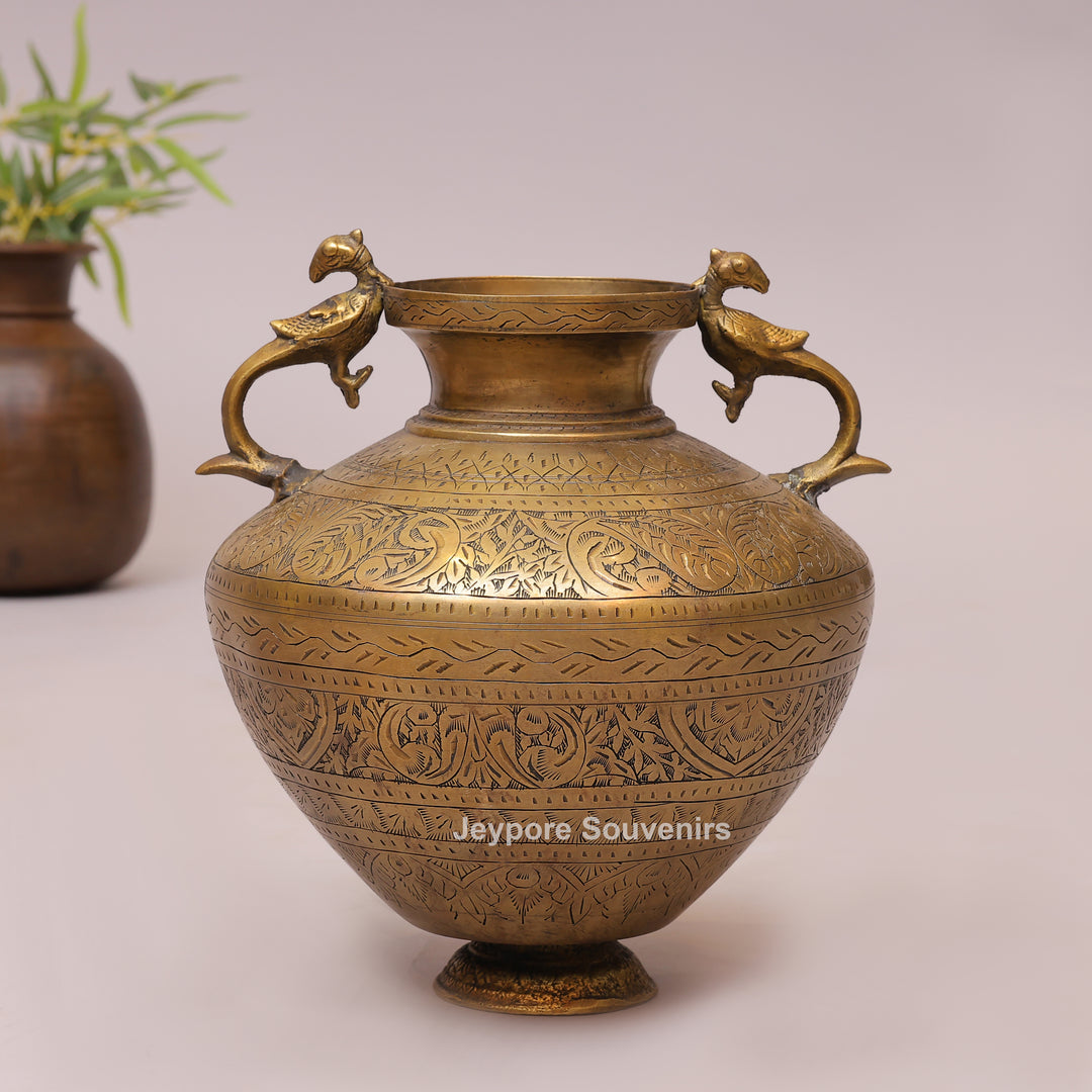 Traditional Engraved Peacock Handle Brass Planter for Home Décor