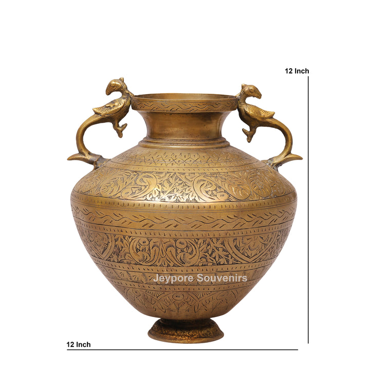 Traditional Engraved Peacock Handle Brass Planter for Home Décor