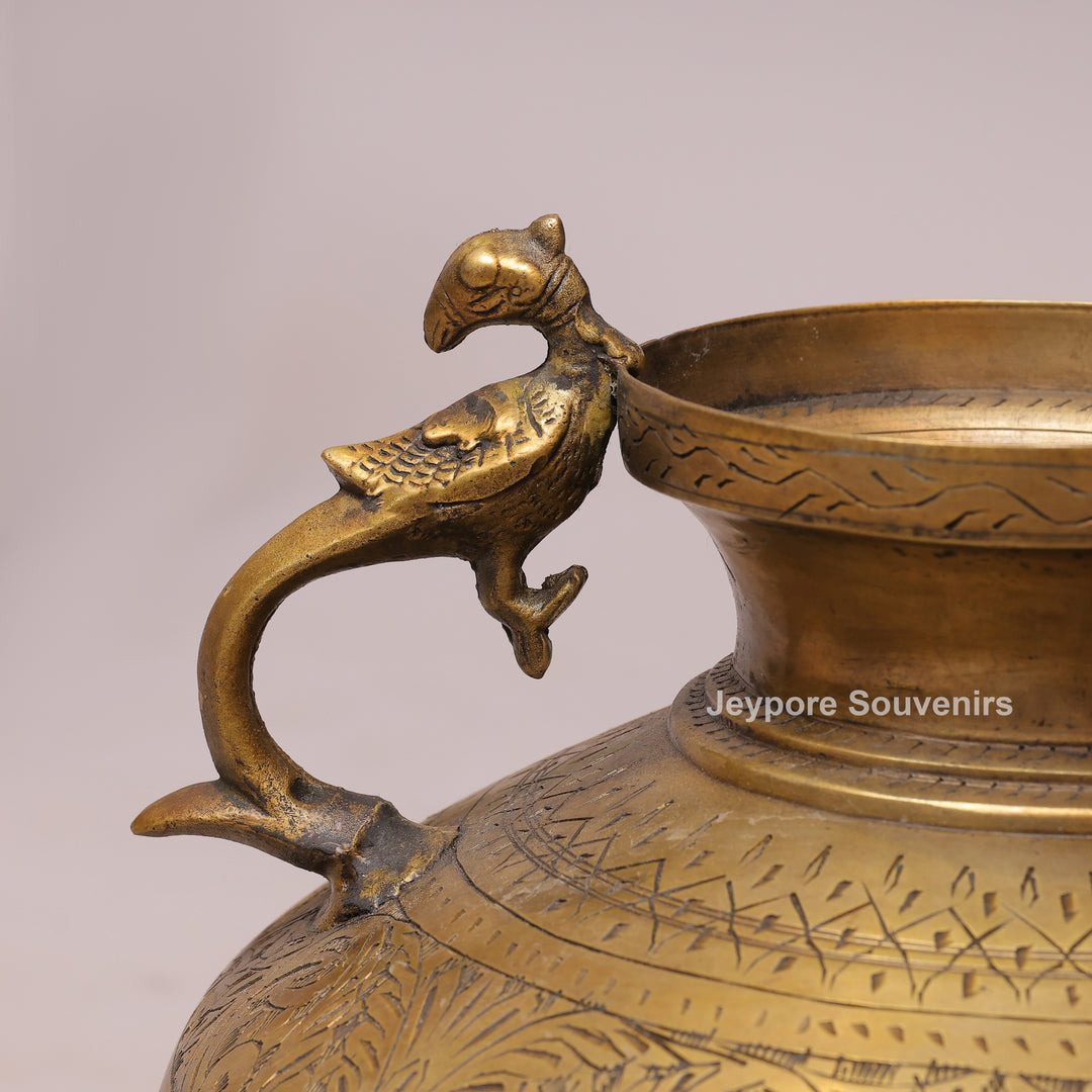 Traditional Engraved Peacock Handle Brass Planter for Home Décor