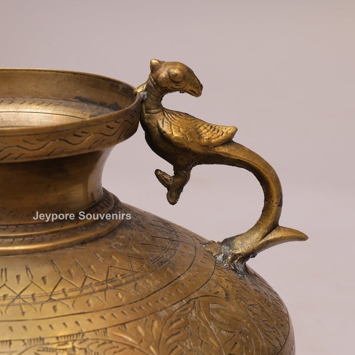 Traditional Engraved Peacock Handle Brass Planter for Home Décor