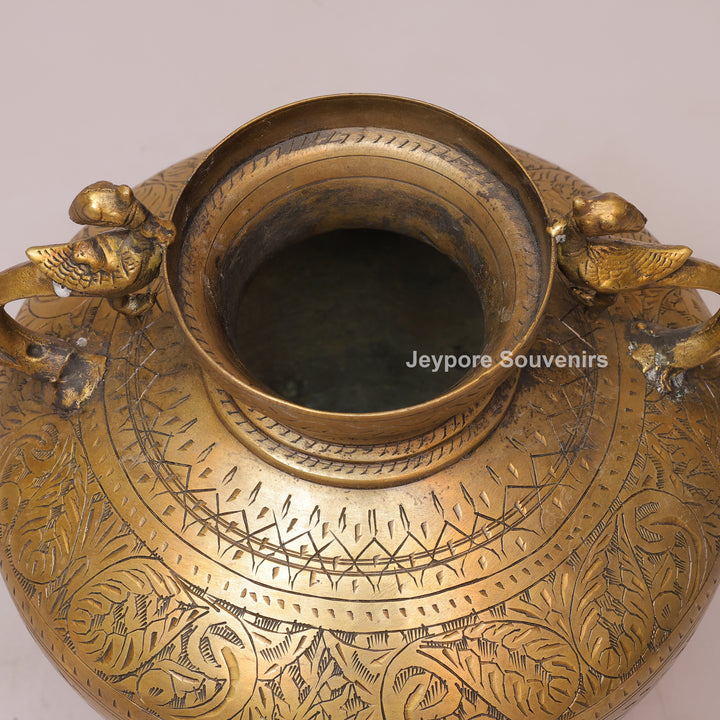 Traditional Engraved Peacock Handle Brass Planter for Home Décor