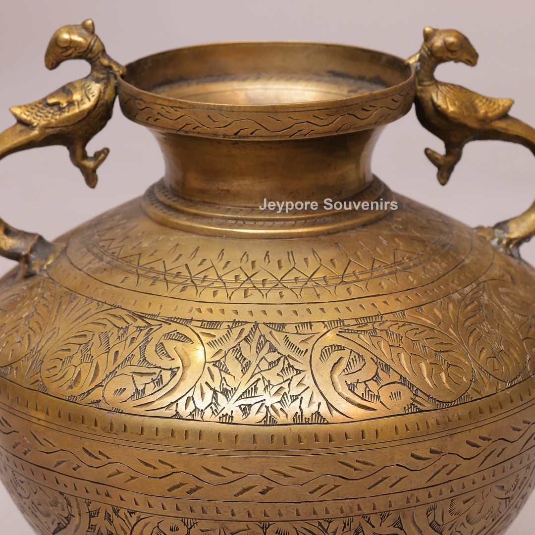 Traditional Engraved Peacock Handle Brass Planter for Home Décor
