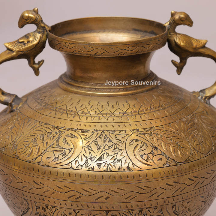 Traditional Engraved Peacock Handle Brass Planter for Home Décor