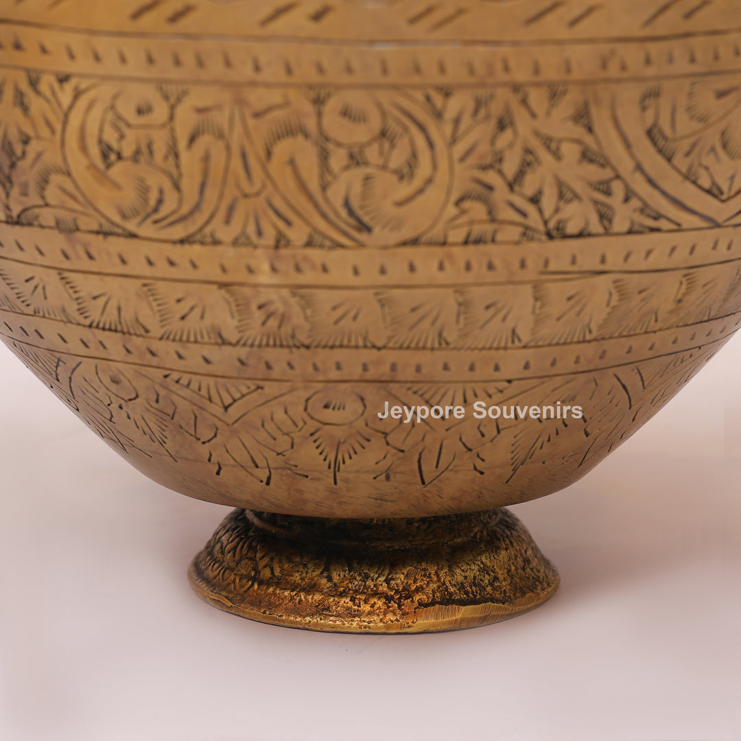 Traditional Engraved Peacock Handle Brass Planter for Home Décor