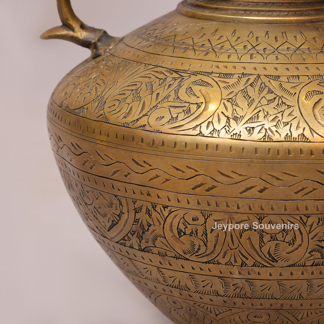 Traditional Engraved Peacock Handle Brass Planter for Home Décor