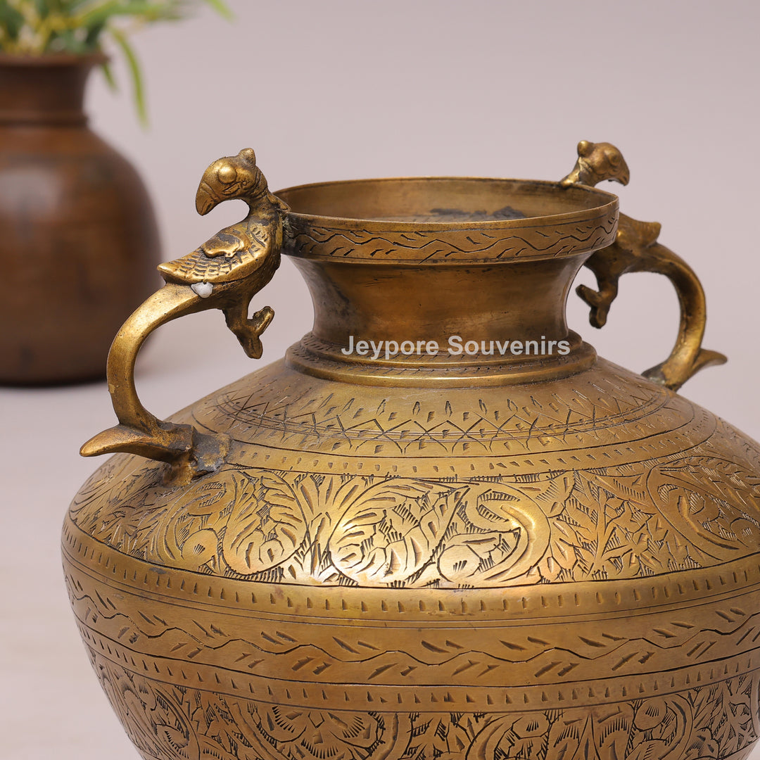 Traditional Engraved Peacock Handle Brass Planter for Home Décor