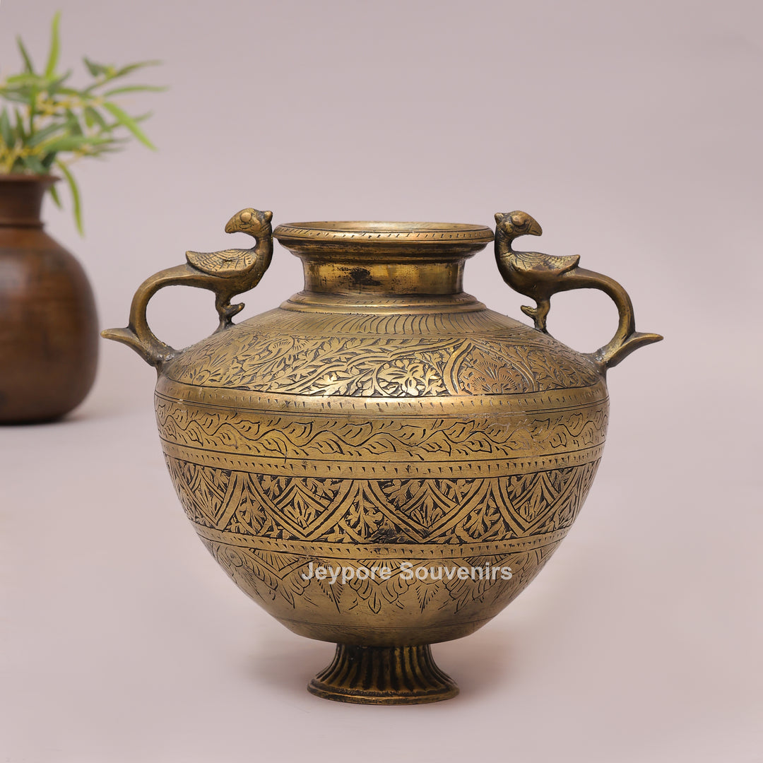 Handmade Brass Peacock Handle Decorative Pot for Luxury Home Decor