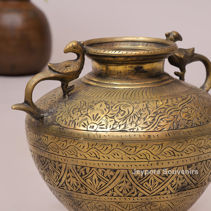 Handmade Brass Peacock Handle Decorative Pot for Luxury Home Decor