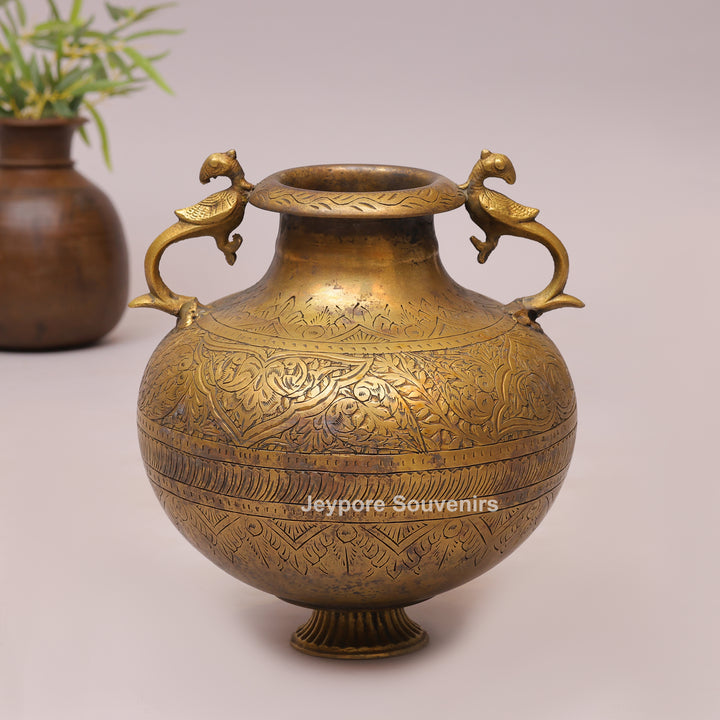 Handcrafted Vintage Style Brass Pot with Peacock Handles