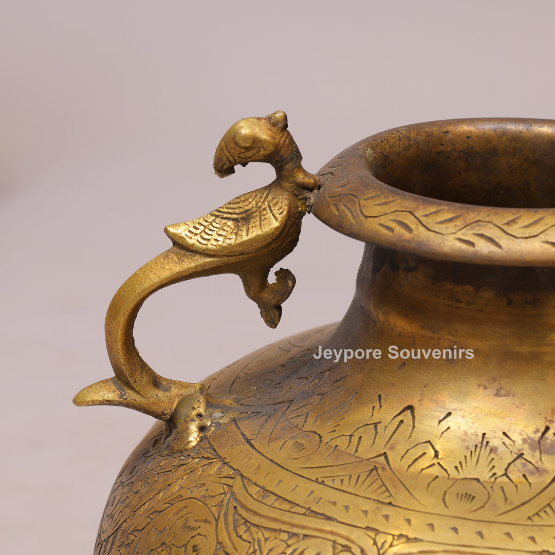 Handcrafted Vintage Style Brass Pot with Peacock Handles